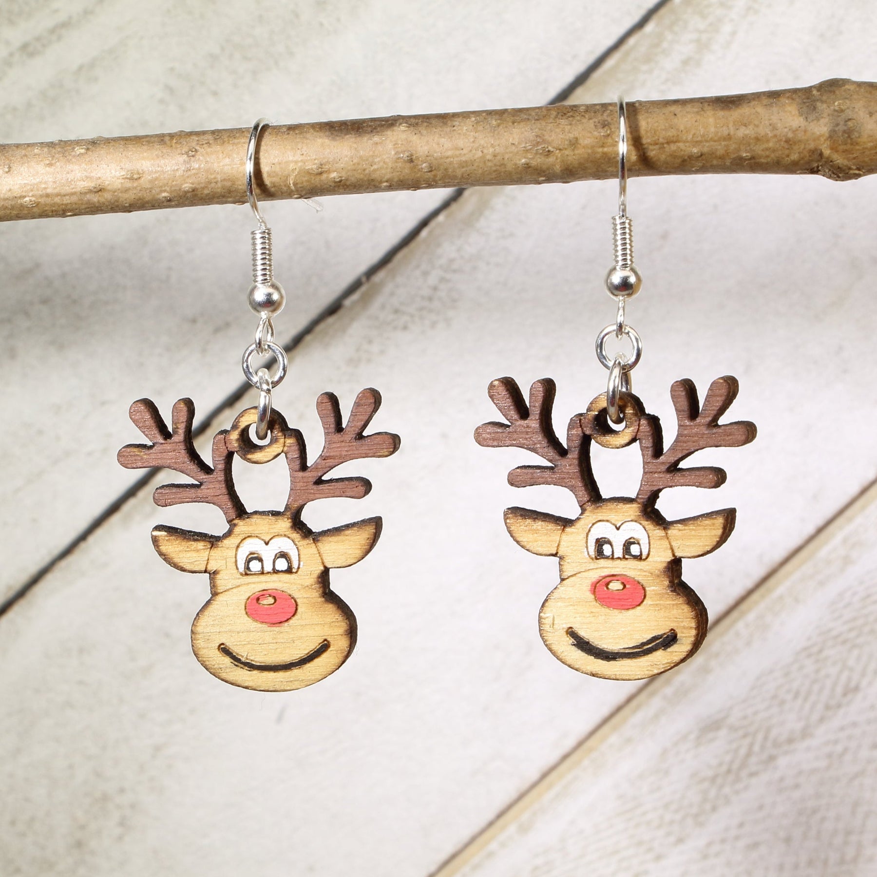 Cute Reindeer Wooden Dangle Earrings | Christmas Holiday Jewelry