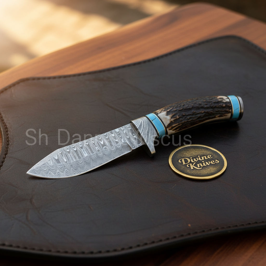 Turquoise Inlay Hunting Knife with Stag Antler Handle and Hand Forged Drop Point Blade