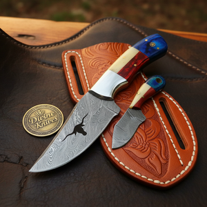 Longhorn Cutout Texas Flag Damascus Hunter & Skinner Knife Set