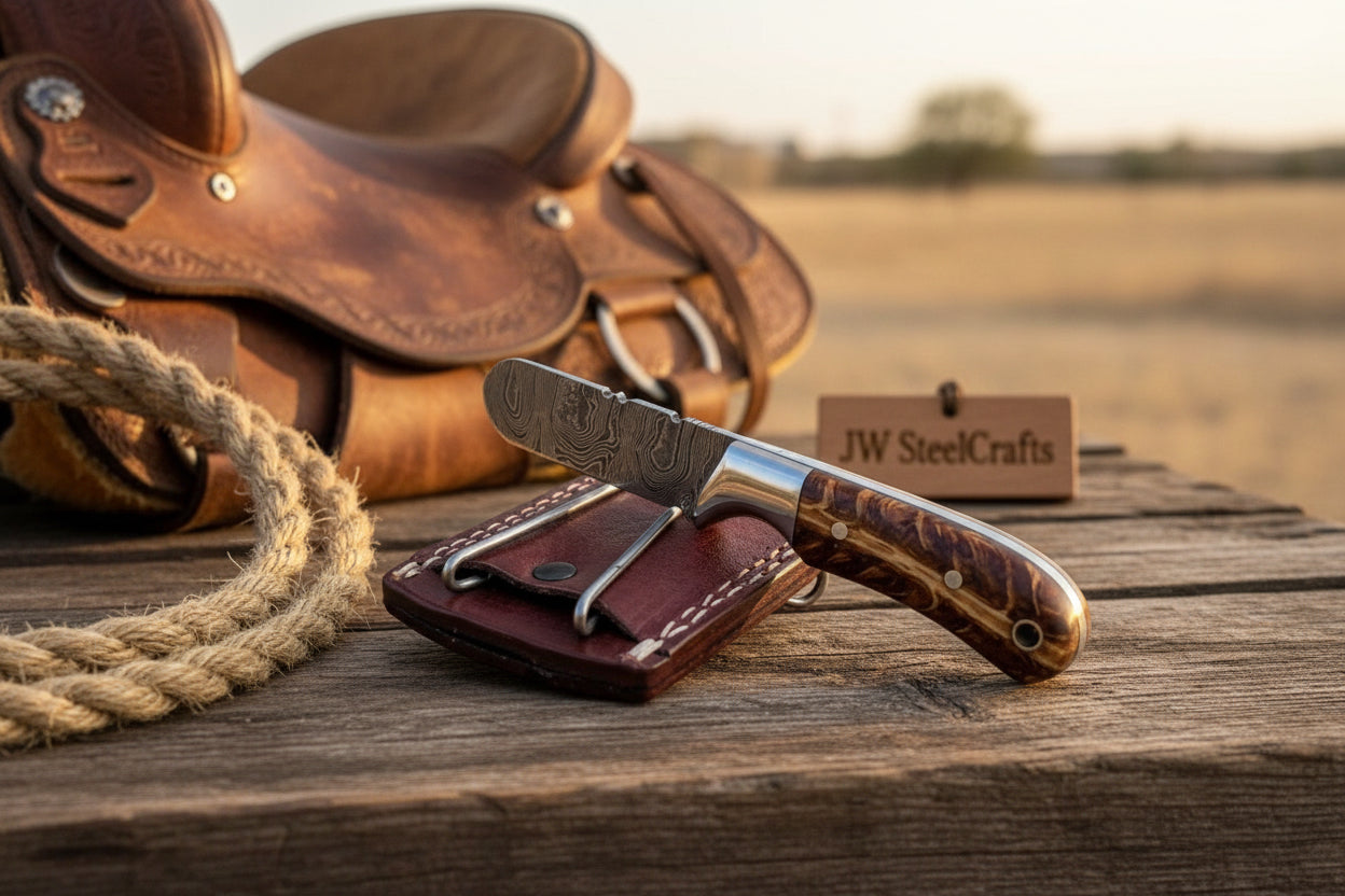 Amber Grain Ranch Drop Point Knife 6" Handmade Damascus Steel Wood Handle