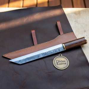 Hand-Forged Butcher Cleaver Knife with Rosewood Handle & Leather Sheath