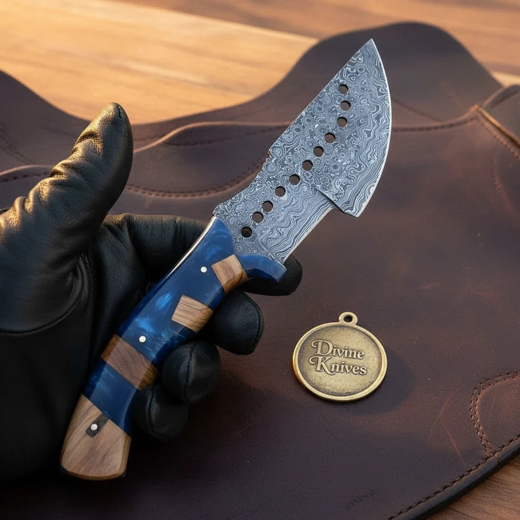 Drilled Blade Tracker Knife with Blue Resin & Olive Wood Handle