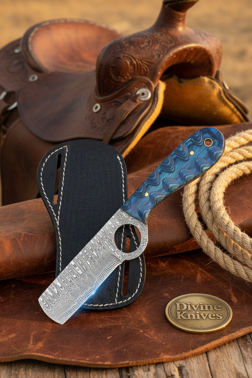 Blue Scalloped Bull Cutter Knife with Integrated Loop and Navy Handle