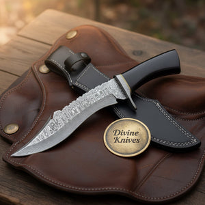 Blackwave Black Micarta Damascus Recurve Survival Bowie with Weatherproof Handle