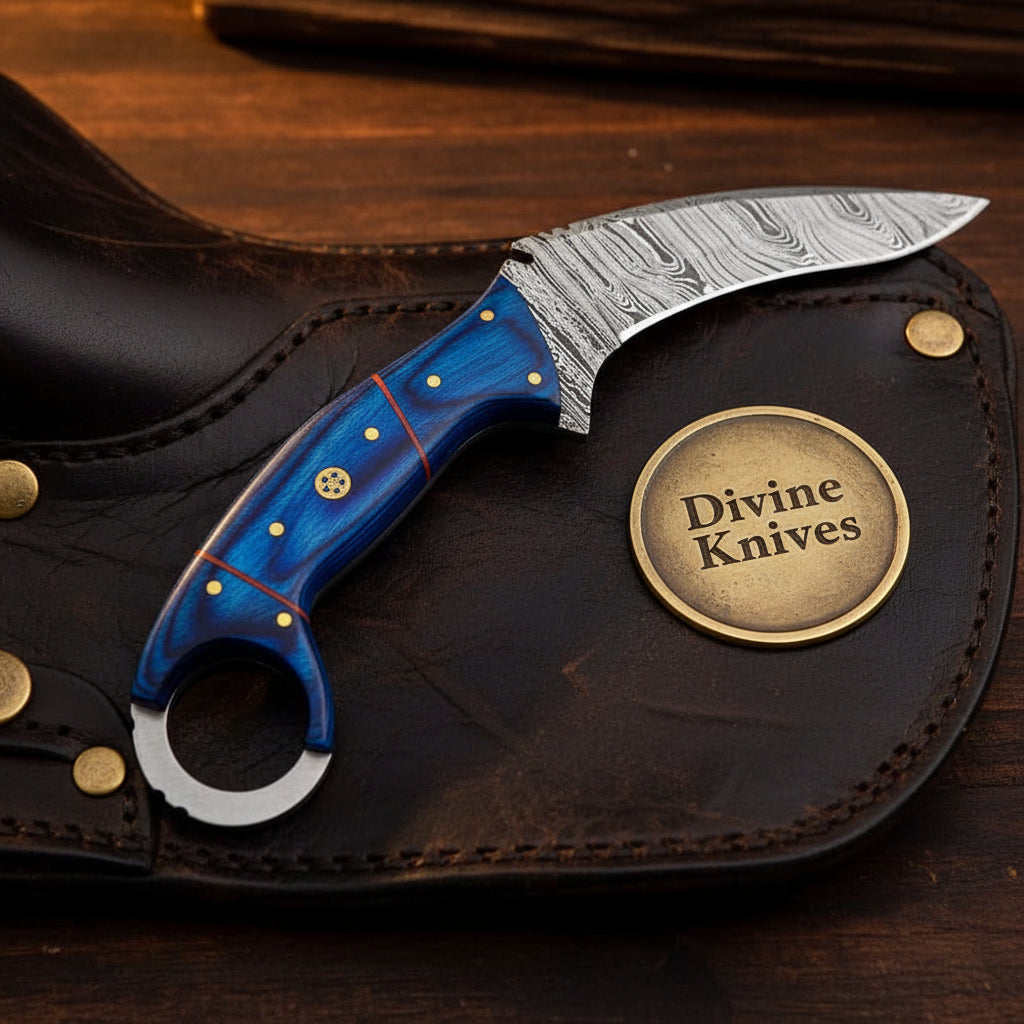 Damascus Apex Karambit Set with Finger Rings and Dual Handle Colors