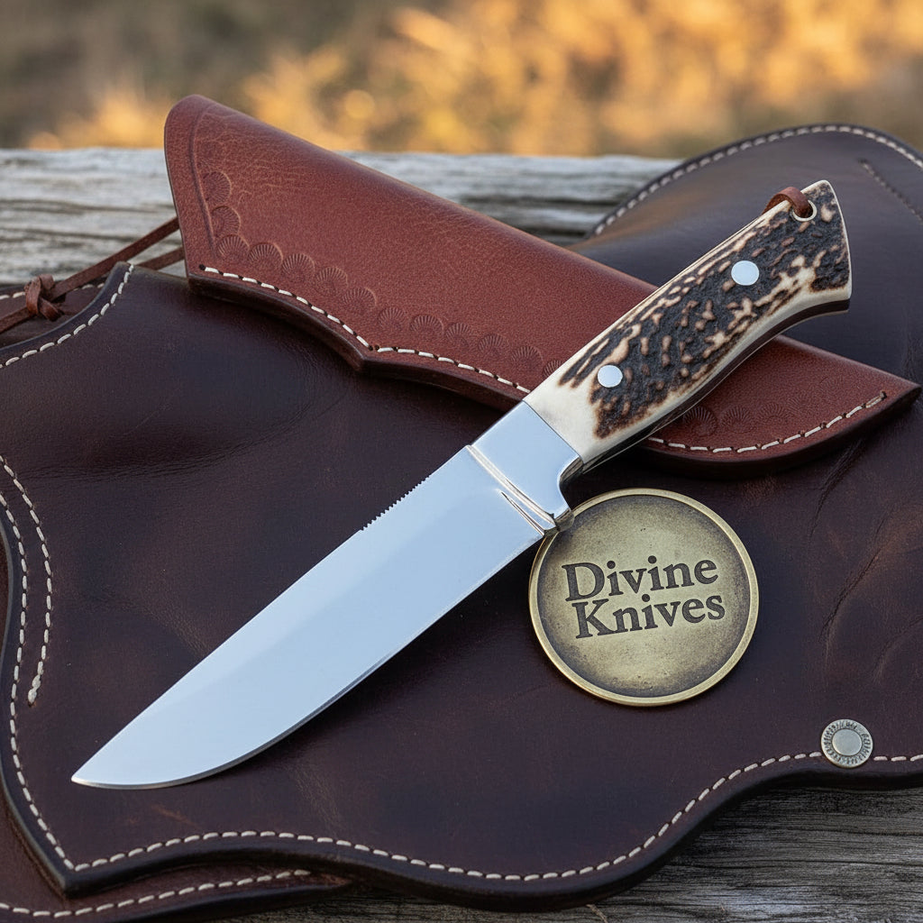 Stag Horn Drop Point Hunting Knife with product detail, view 2