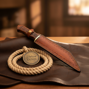 Engraved Rosewood Seax Knife with Long Tanto Style Blade and Hand Tooled Sheath