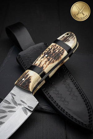 Stag Horn Cowboy Hunter Knife with Leaf Textured Spine
