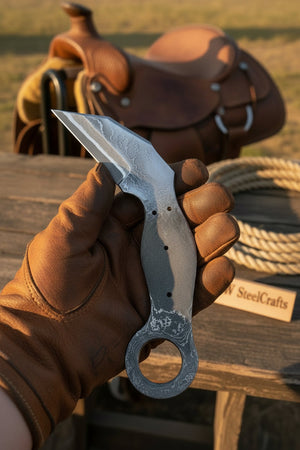 Rustler’s Ring Damascus Karambit Knife by JW SteelCrafts, alternate view 2