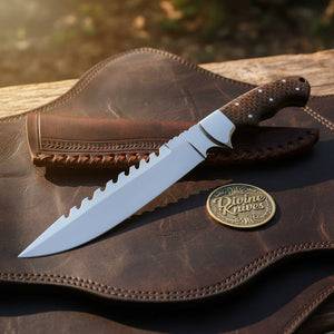 Drop Point Serrated Survival Bowie Knife with Partial Serrations for Field Use
