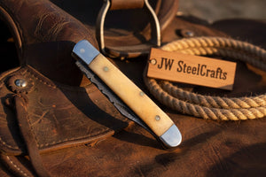 Handmade Damascus Steel Folding Pocket Trapper Knife 4"with Bone Handle by JW SteelCrafts