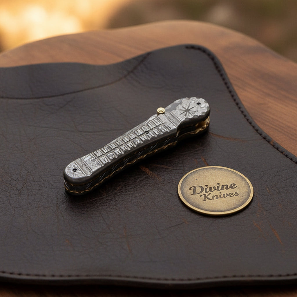 Engraved Damascus Liner-Lock Dagger Folder - Old-World Steel in Your Pocket