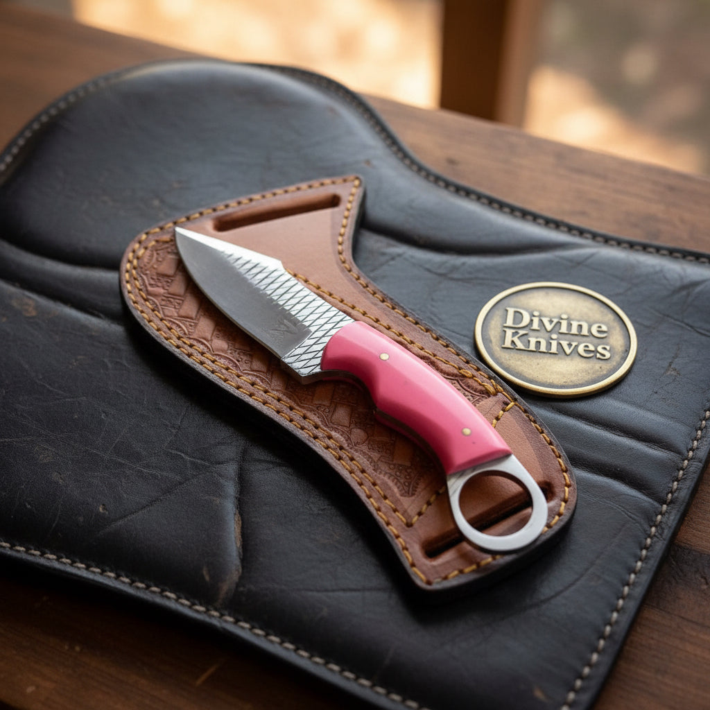 Pink Resin Rasp Ring Skinner Knife with Rasp product detail, view 7