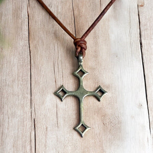 Gothic Medieval Cross Necklace - Bronze on Leather Cord by Forged By Fire — view 1 of 3