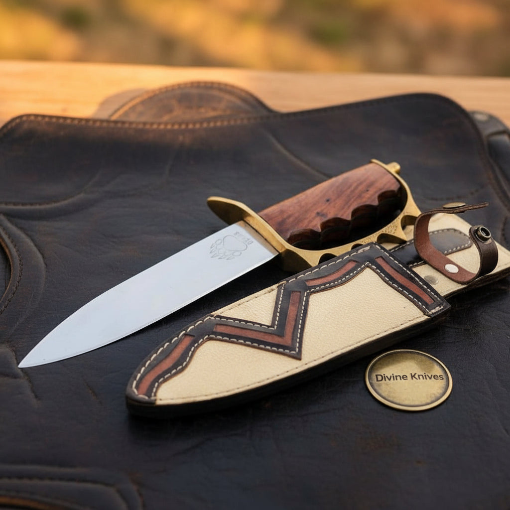 Knuckle Guard Dagger Knife with Rosewood Finger Groove Grip and Two Tone Leather Sheath by Divine Knives — product view 1