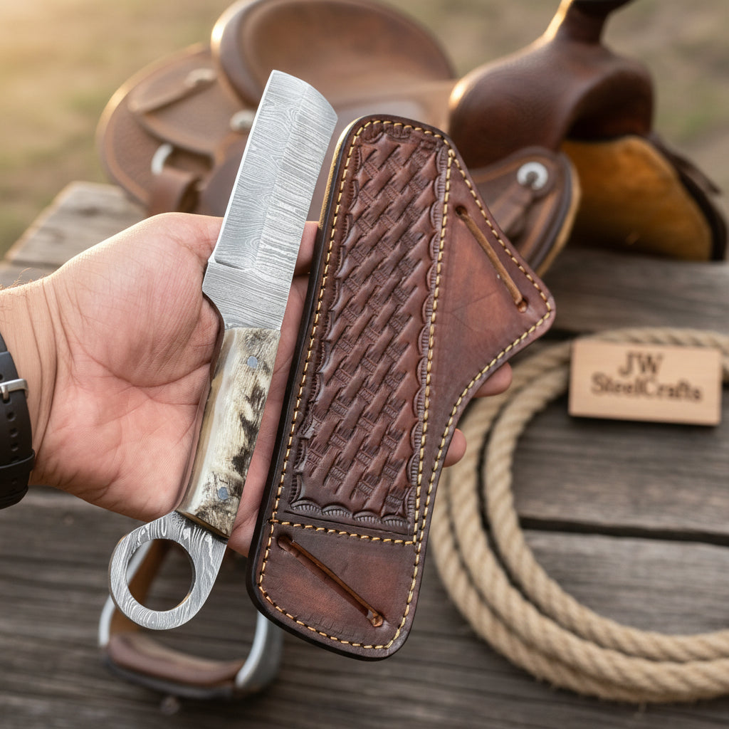 Finger Loop Prairie Bull Cutter 6.5" Handmade Damascus Steel Leather Crossdraw