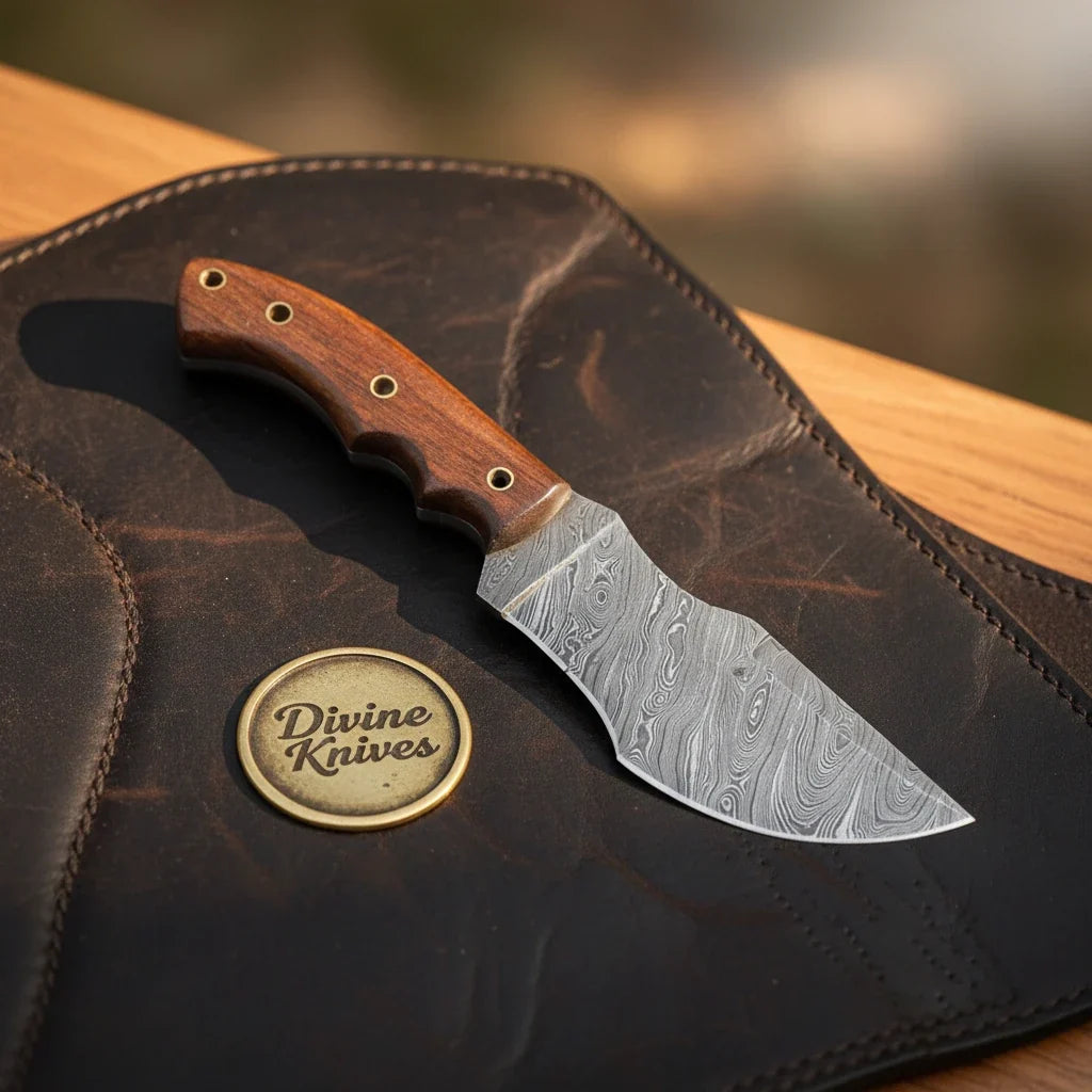 Dark Rosewood Damascus Tracker Knife with Ergonomic Grip