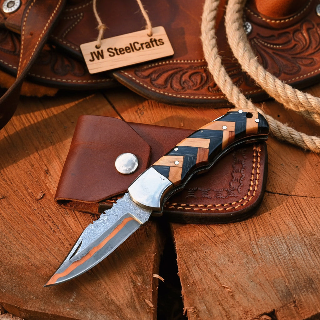 Timberline Trapper Damascus Folding Knife by JW SteelCrafts