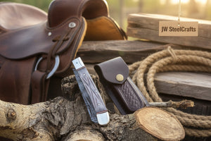 Damascus Steel Trapper Knife 4" with Bone Handle, Folding Pocket Knife detail view by JW SteelCrafts