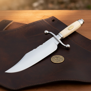 Bone Handle Bowie Knife with Mirror Finished Blade and Hand Stitched Leather Sheath