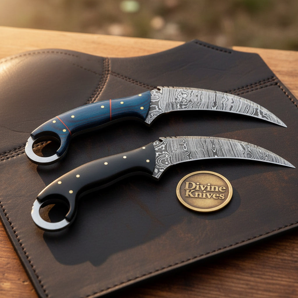 Damascus Apex Karambit Set with Finger Rings and Dual Handle Colors