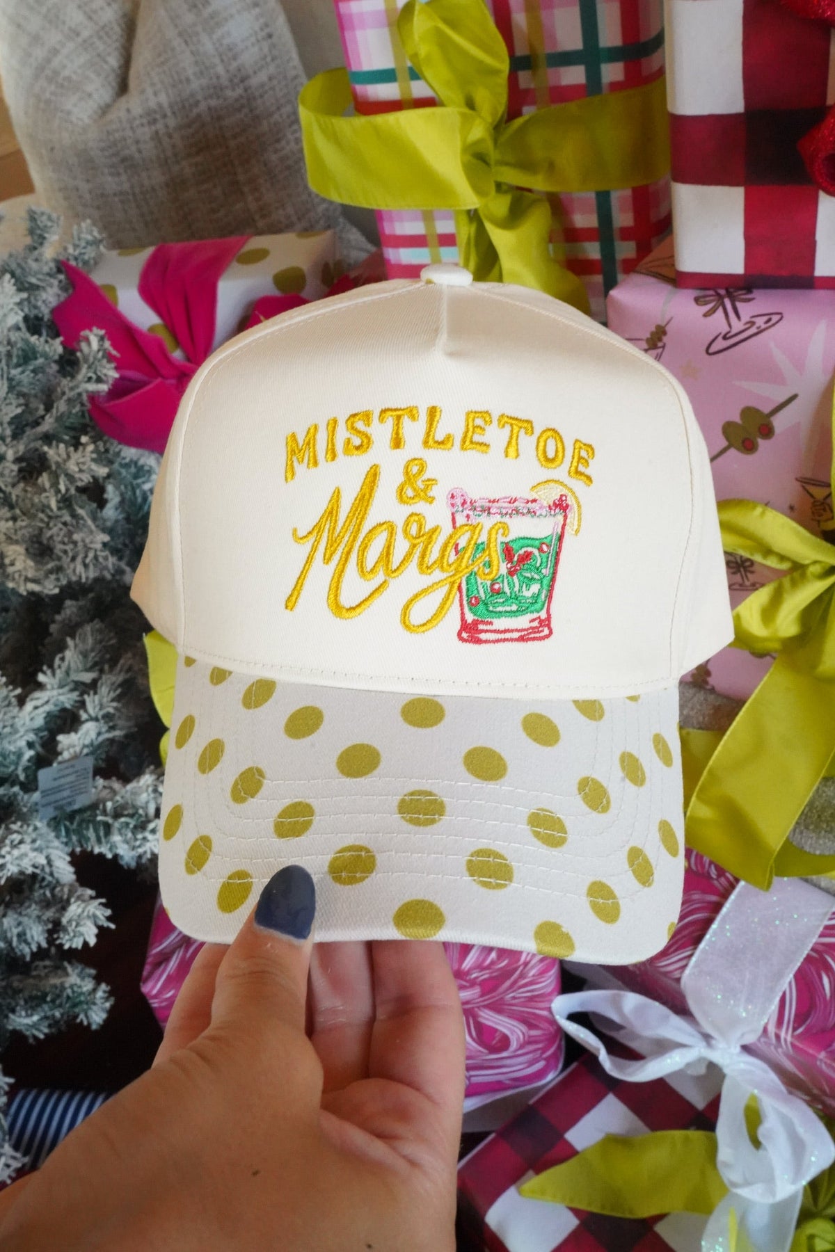 Mistletoe & Margs - Chartreuse Polka Dot Trucker Hat by KenzKustomz, view 4