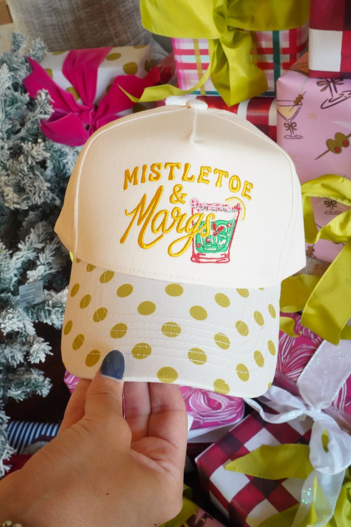 Mistletoe & Margs - Chartreuse Polka Dot Trucker Hat by KenzKustomz, view 1