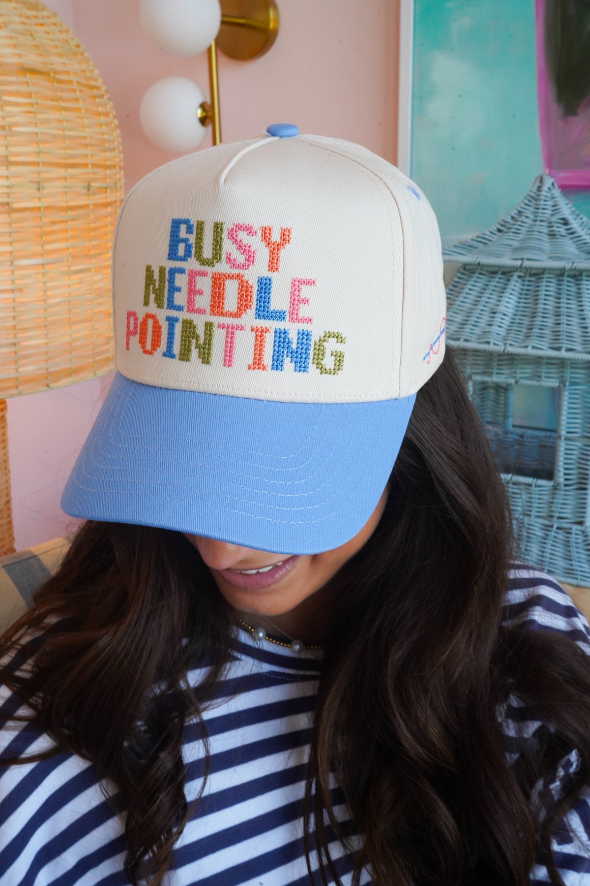 Busy Needlepointing - Periwinkle Trucker Hat by KenzKustomz, view 1