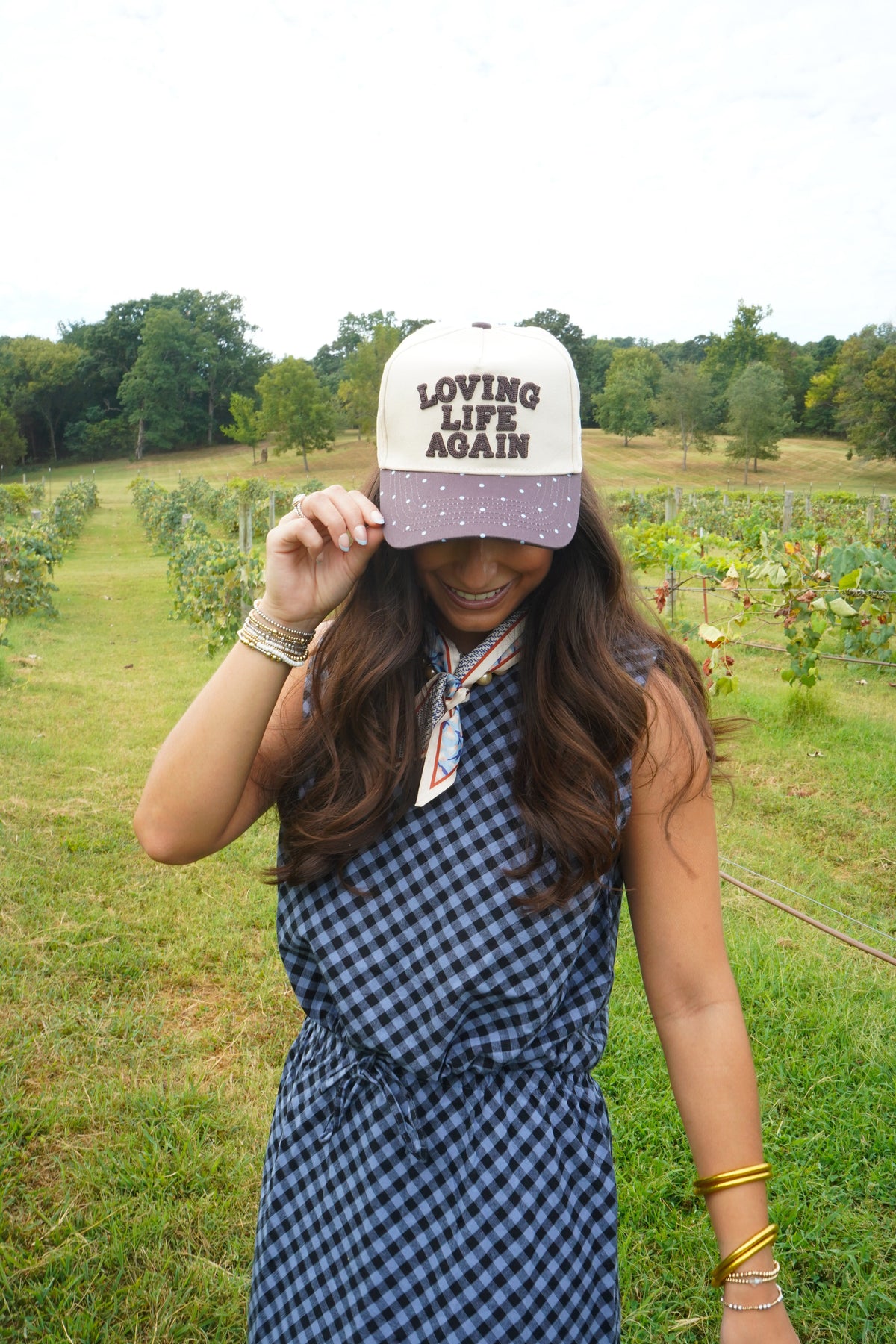 Loving Life Again - Brown & Blue Polka Dot Trucker Hat by KenzKustomz, view 2