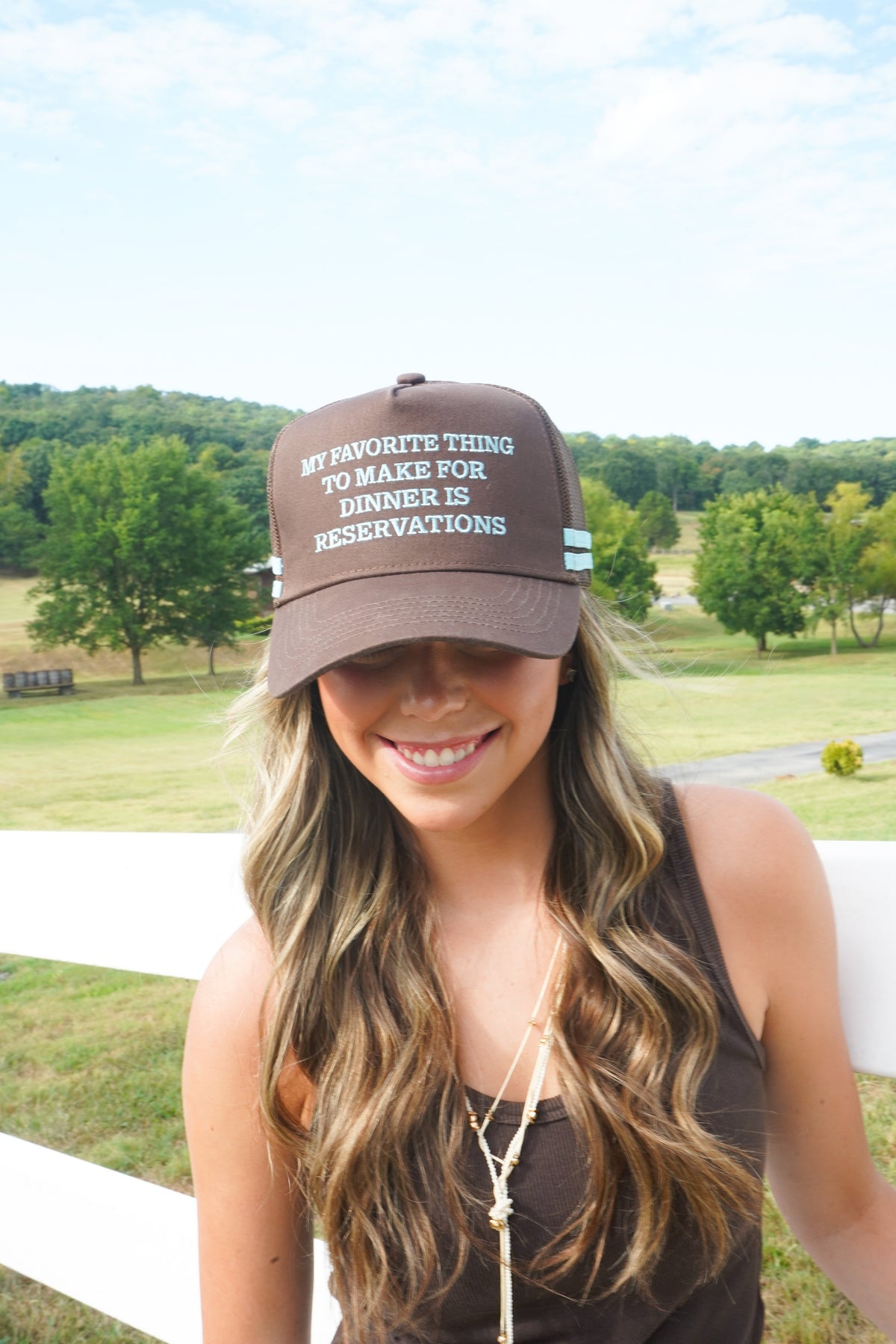 Favorite Thing is Reservations - Brown Trucker Hat by KenzKustomz, view 1
