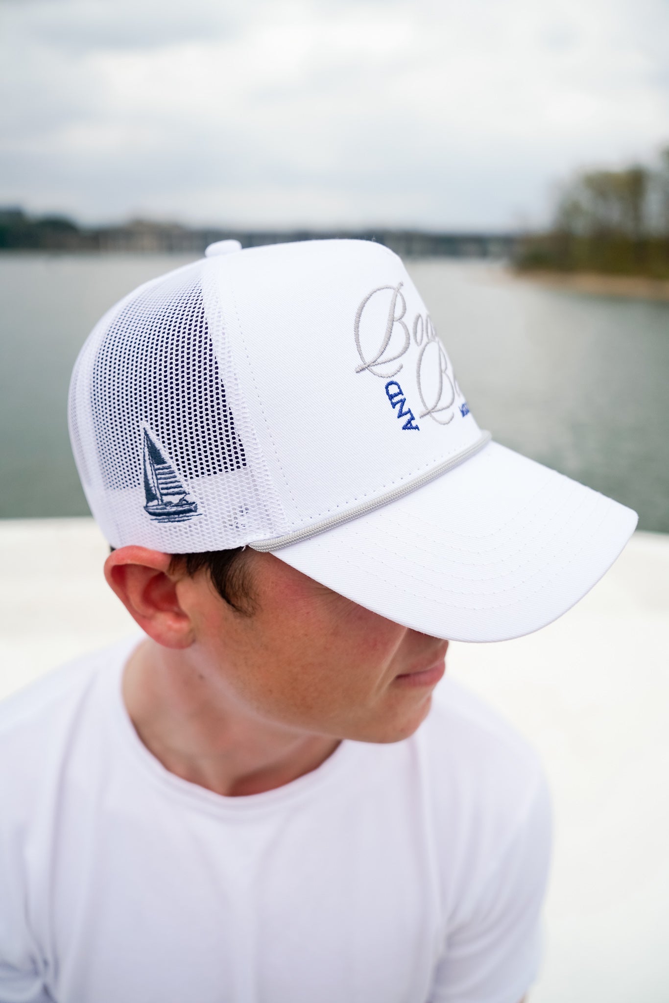 Boats & Beers - White Vintage Trucker Hat by KenzKustomz, Southern lifestyle apparel detail photo 4