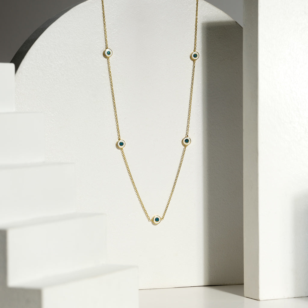 Delilah Evil Eye Station Necklace | White | Gold Vermeil handmade jewelry by Ke Bella