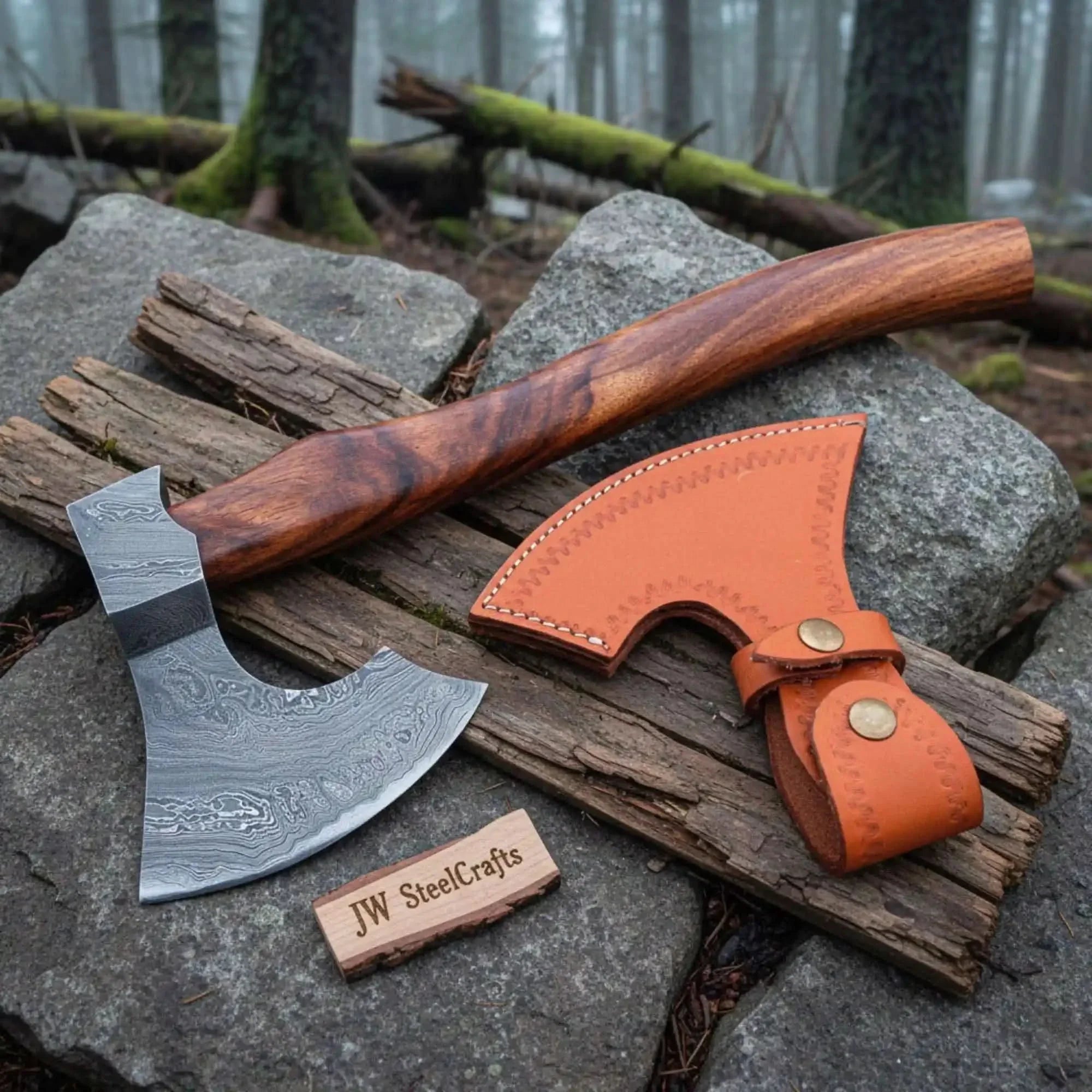 Pattern-Welded Damascus Viking Bearded Axe with Curved Rosewood Handle by JW SteelCrafts, Southern handmade gift main product photo