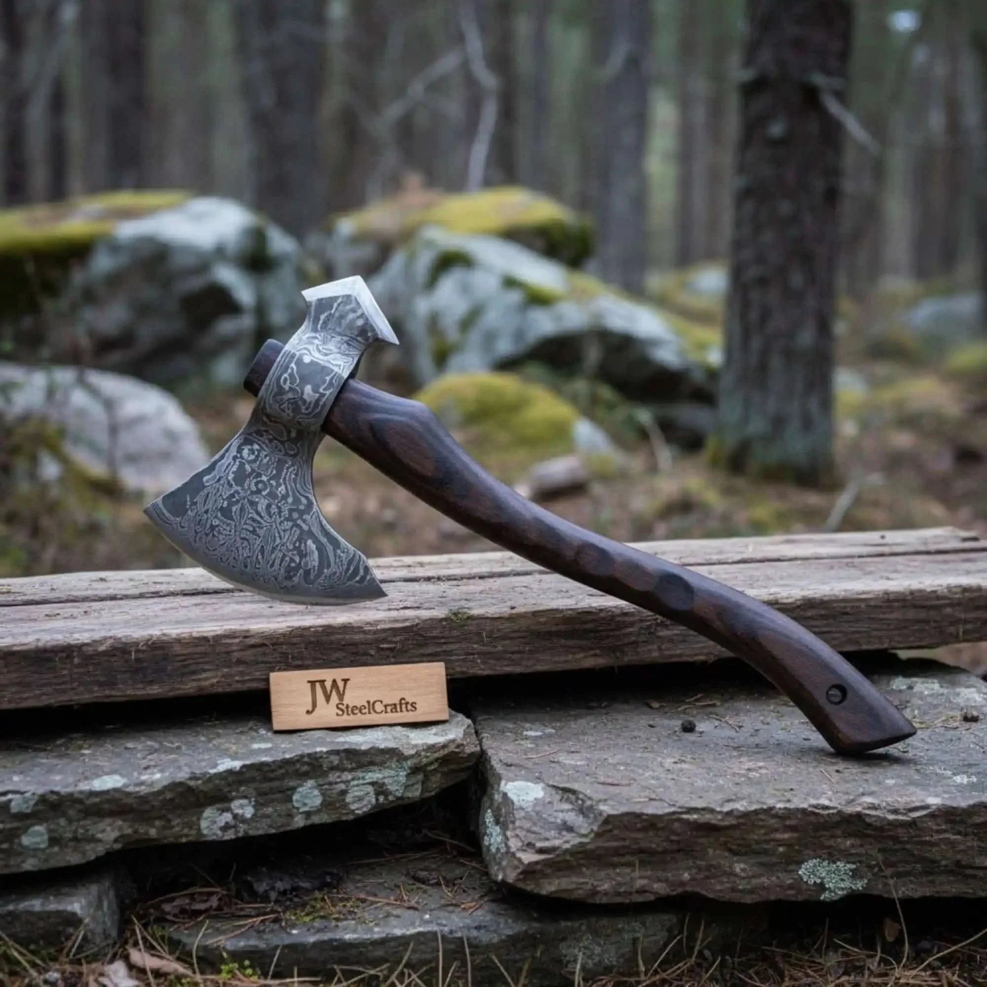 Hand-forged Scandinavian Forest Axe with Damascus Blade and Ergonomic Wood Handle by JW SteelCrafts, Southern handmade gift main product photo