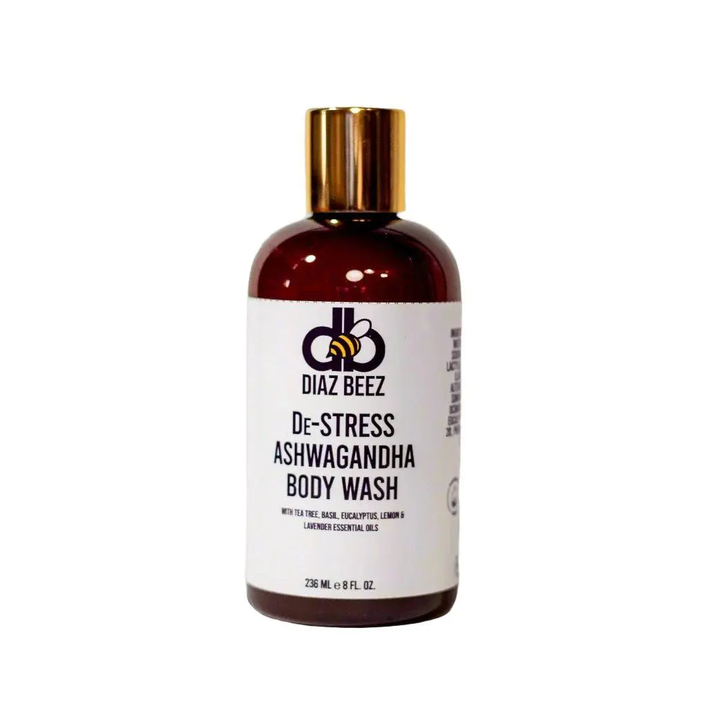 Diaz Beez De-Stress Ashwagandha body wash in a brown bottle with a gold lid and a white label with black text.
