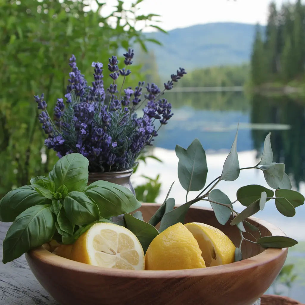 A wooden bowl filled with lemons, basil, eucalyptus, and lavender, set against a blurred background of a lake and trees.