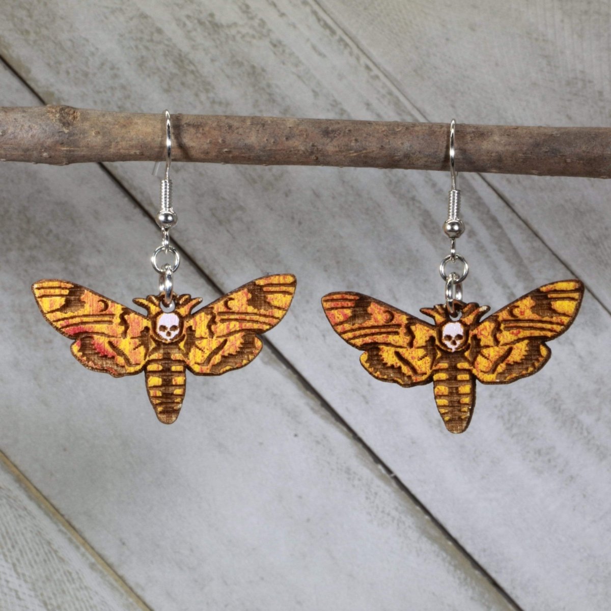 Death Head Hawkmoth Wooden Dangle Earrings | Gothic Insect Jewelry detail view by Cate's Concepts, LLC