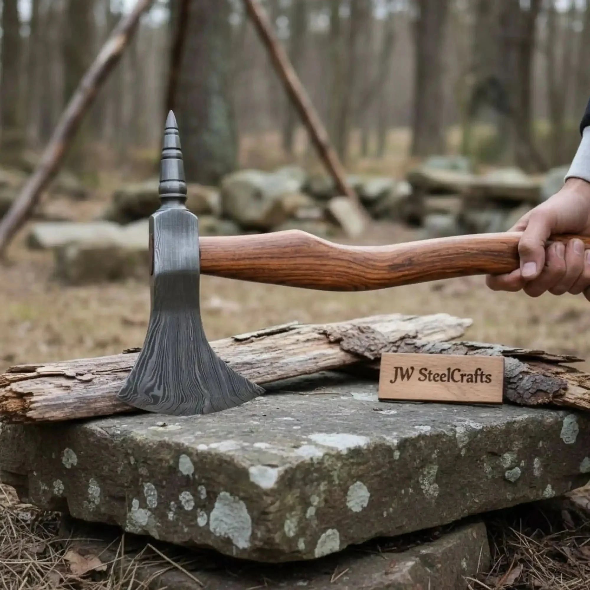 Custom Handmade Damascus Steel Tomahawk Hatchet by JW SteelCrafts, Southern lifestyle apparel detail photo 2