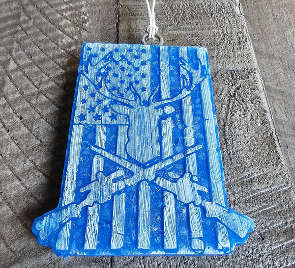 Deer Skull Flag Car Freshie: Handmade Aroma Bead Air Freshener for Outdoorsmen & Hunters. Patriotic Car Scent.