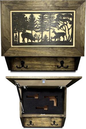 Gun Concealment Furniture - Deer Hunter Coat Rack Hidden Wall Safe with Hooks for Coats, Bags, & Hats - Quick Access Hidden Gun Storage - Wood Gun Cabinet with Secure Magnetic Lock
