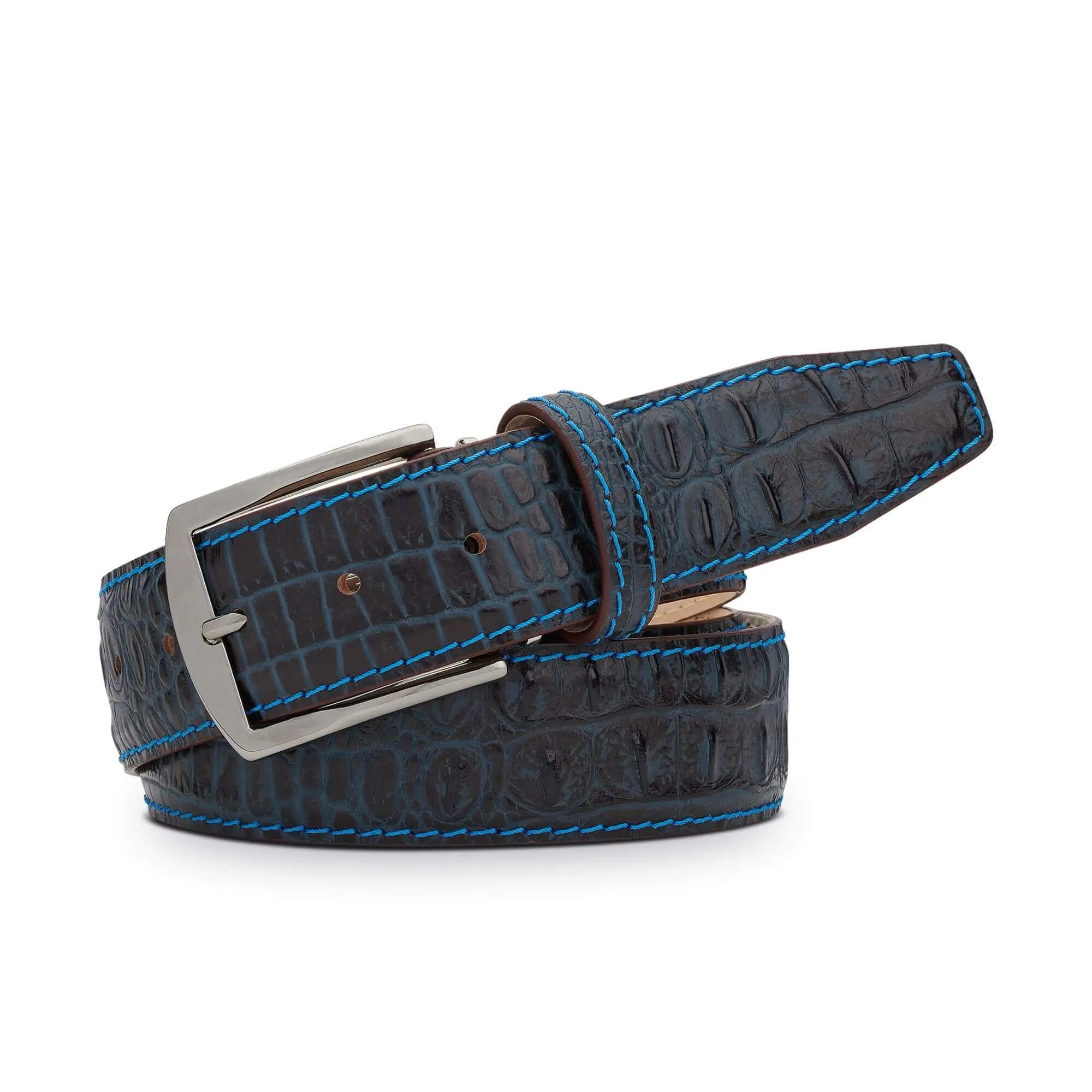 Close up of denim mock croc leather belt texture and finish