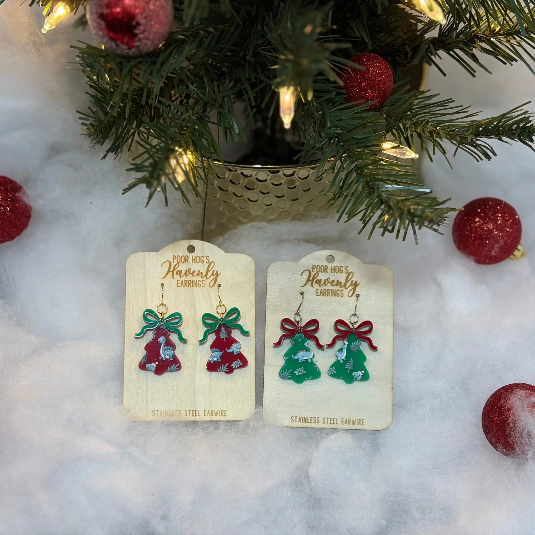 Dinosaur Christmas Tree Earrings by Poor Hog Customs, handmade jewelry detail photo 3