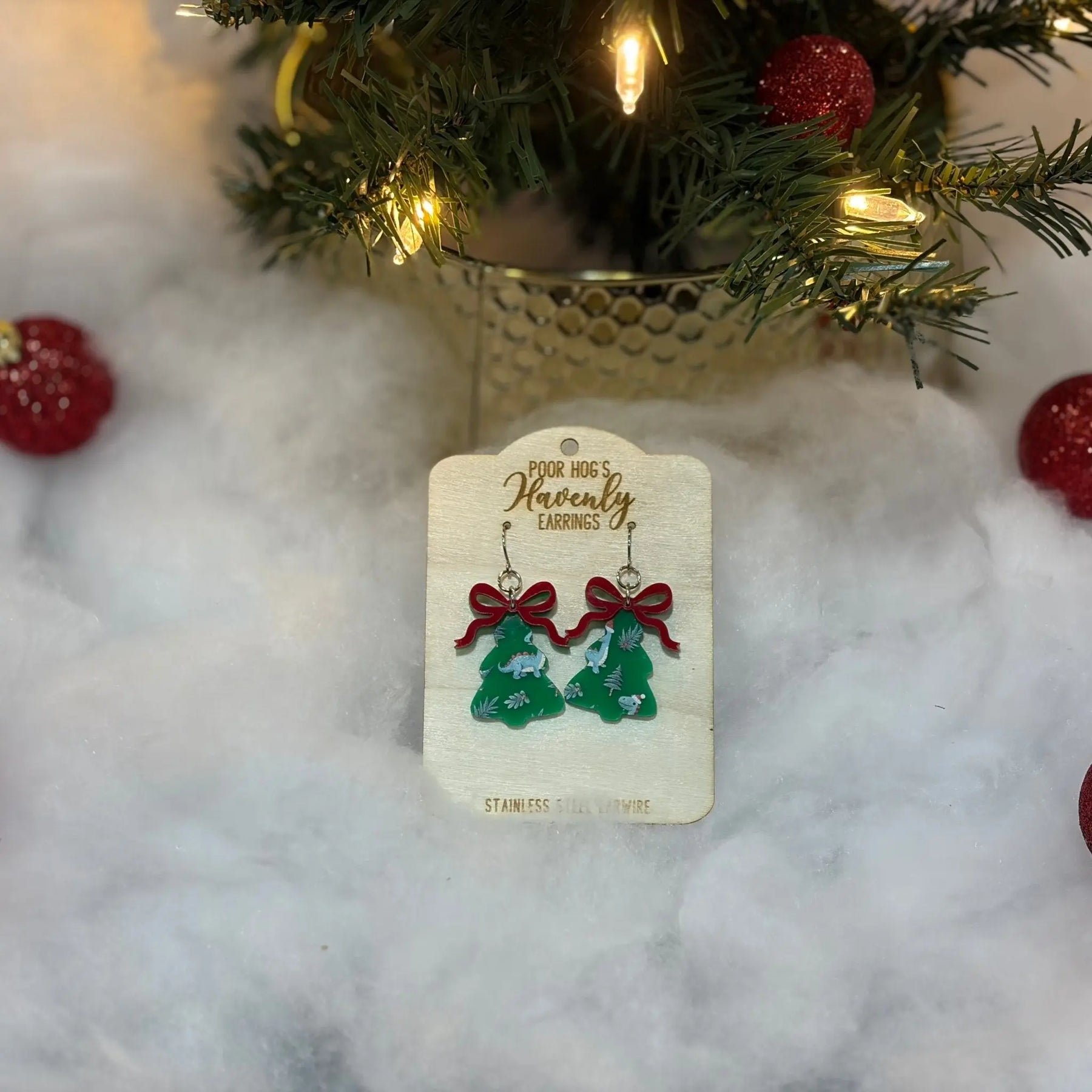 Dinosaur Christmas Tree Earrings by Poor Hog Customs, handmade jewelry detail photo 5
