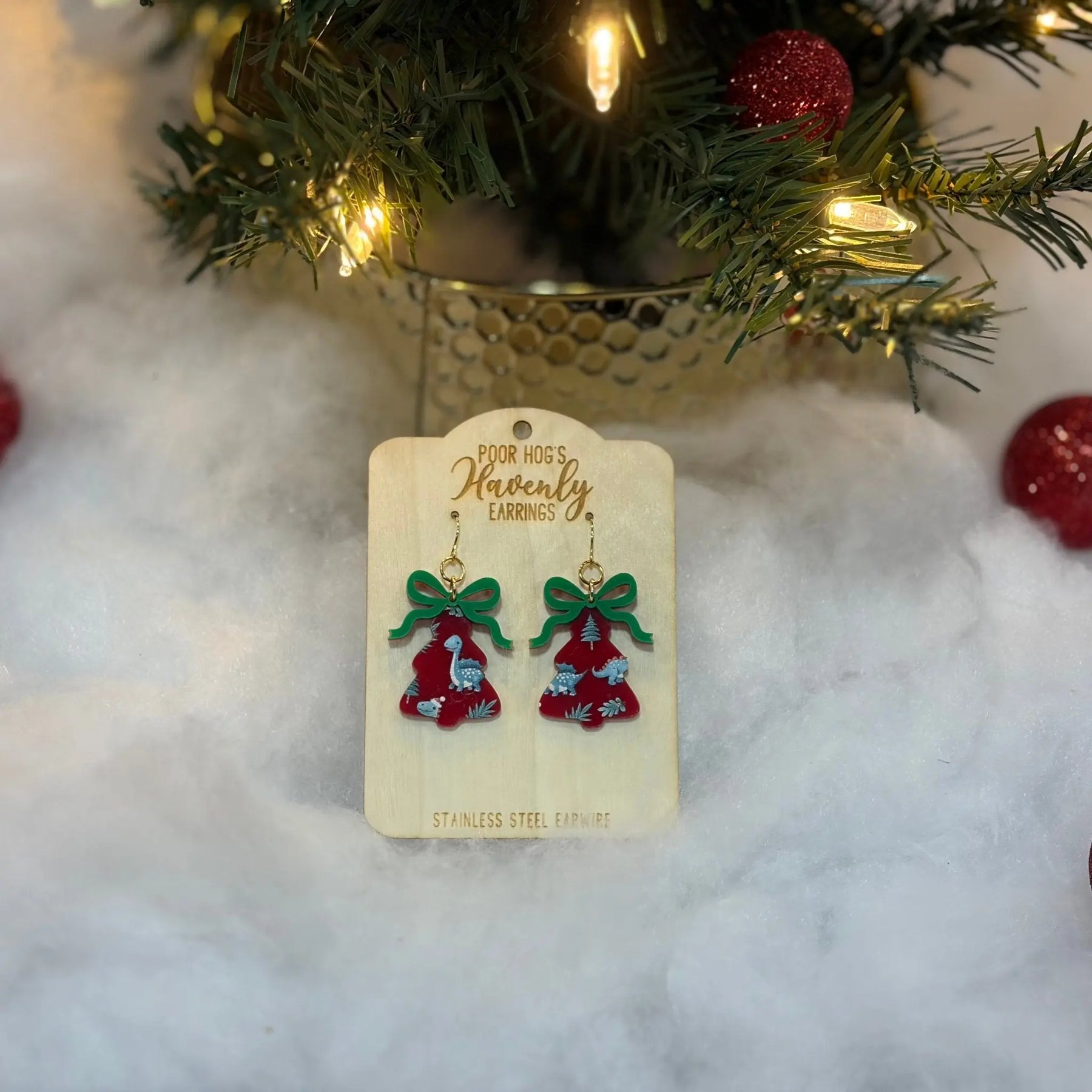 Dinosaur Christmas Tree Earrings by Poor Hog Customs, handmade jewelry detail photo 6