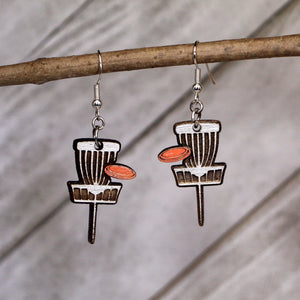 Disc Golf Basket Wooden Dangle Earrings | Disc Golf Jewelry Gift detail view by Cate's Concepts, LLC