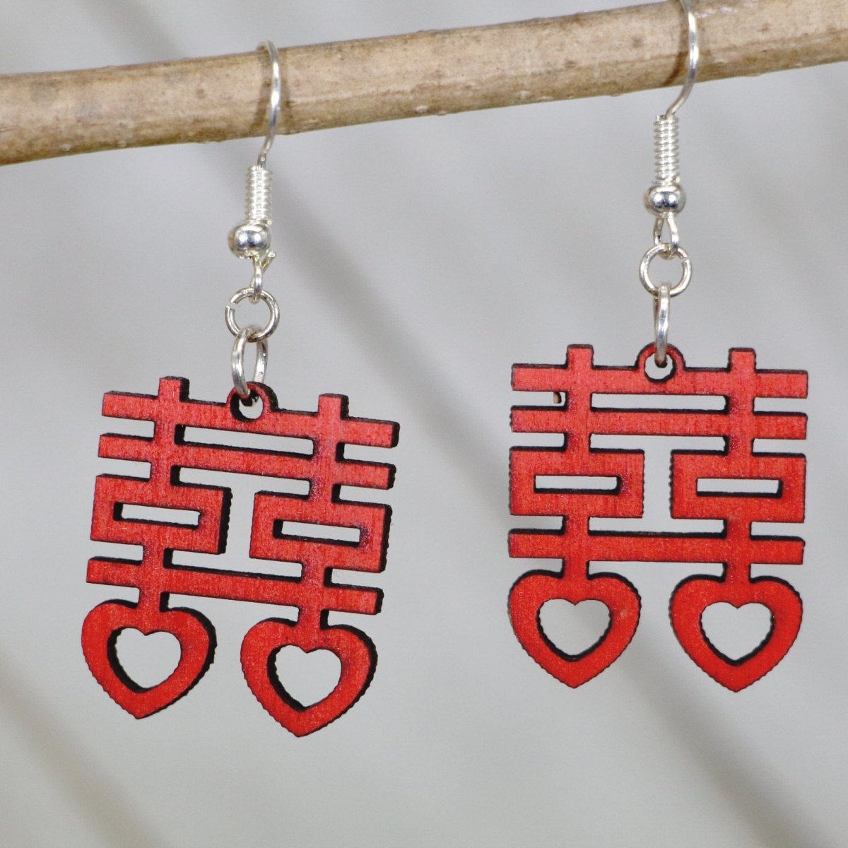 Double Happiness Heart Wooden Earrings | Chinese Wedding Love Jewelry