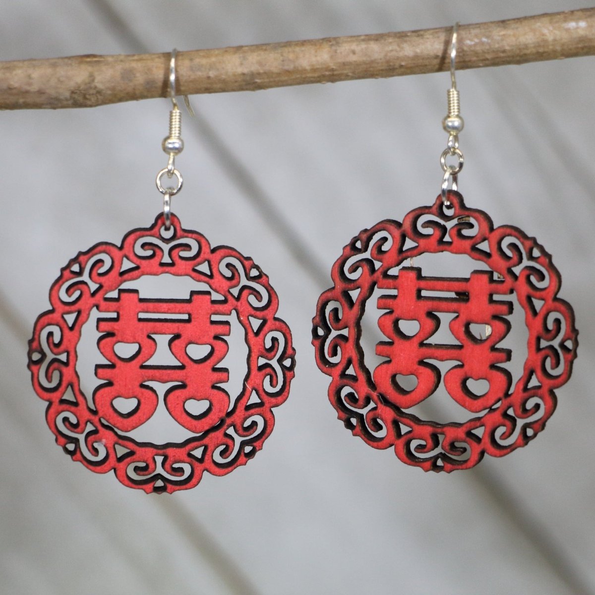 Double Happiness Symbol Wooden Earrings | Chinese Wedding Jewelry detail view by Cate's Concepts, LLC