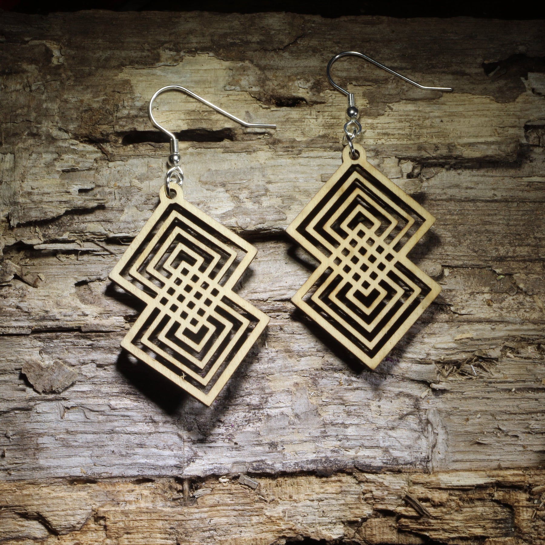Art Deco Interlocking Diamond Wooden Dangle Earrings | Geometric Jewelry