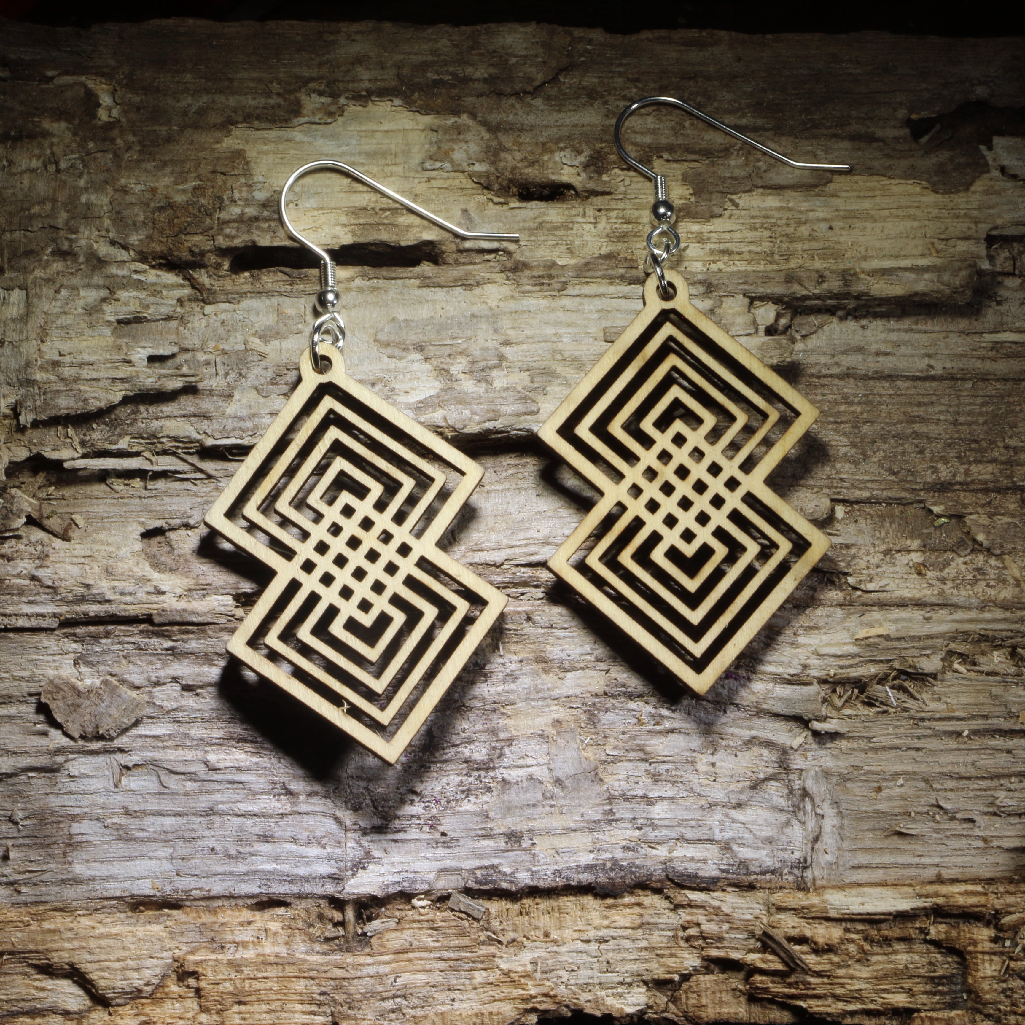 Art Deco Interlocking Diamond Wooden Dangle Earrings | Geometric Jewelry