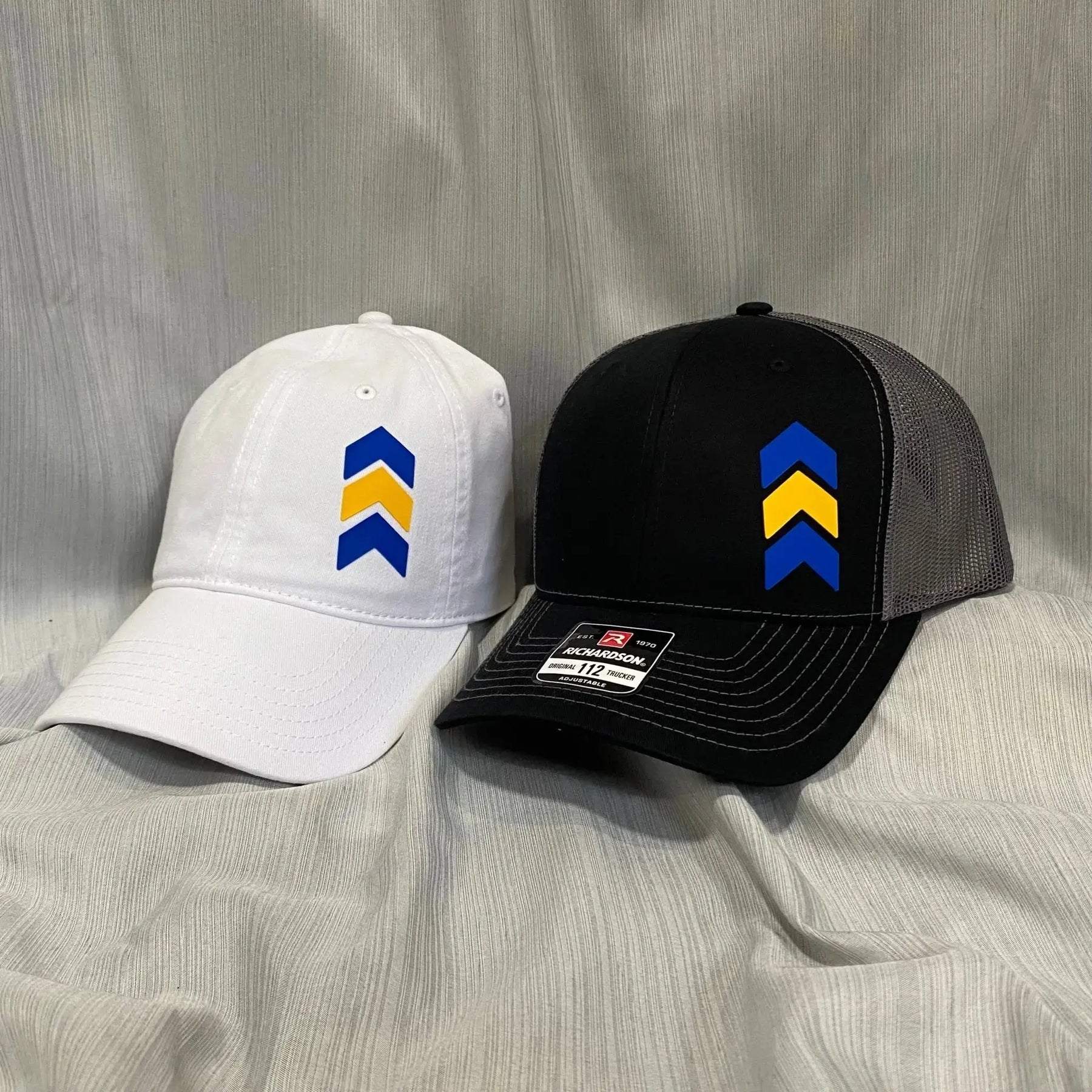 Down Syndrome Awareness Hats: Blue & Yellow Chevron Patch on Richardson 112 Trucker & Richardson 326 Dad Hat - Main Street Collective